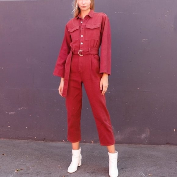 BURGUNDYY Long Sleeve Denim Utility Front Button D - Picture 2 of 8